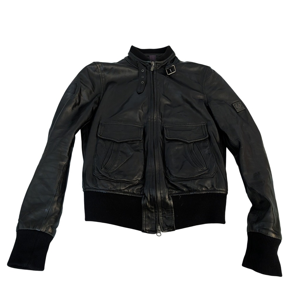 Belstaff Womens Black Leather Bomber Jacket Fleece Lined Moto Size‎ 42 Luxury